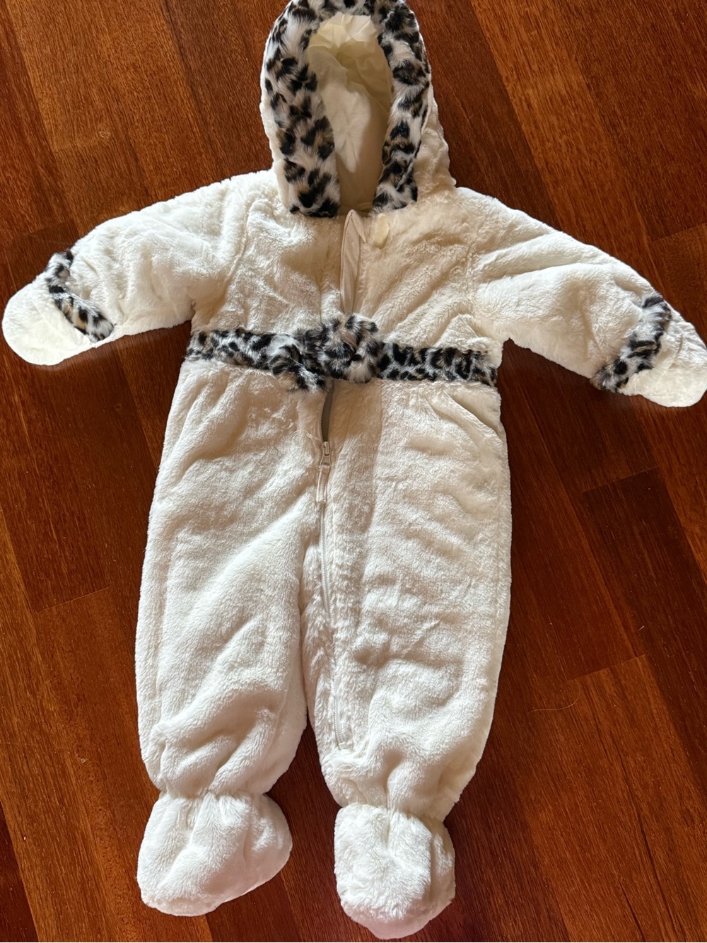Rothschild Sz 12M,Cozy White Plush Baby One-Piece Snowsuit with Leopard Trim